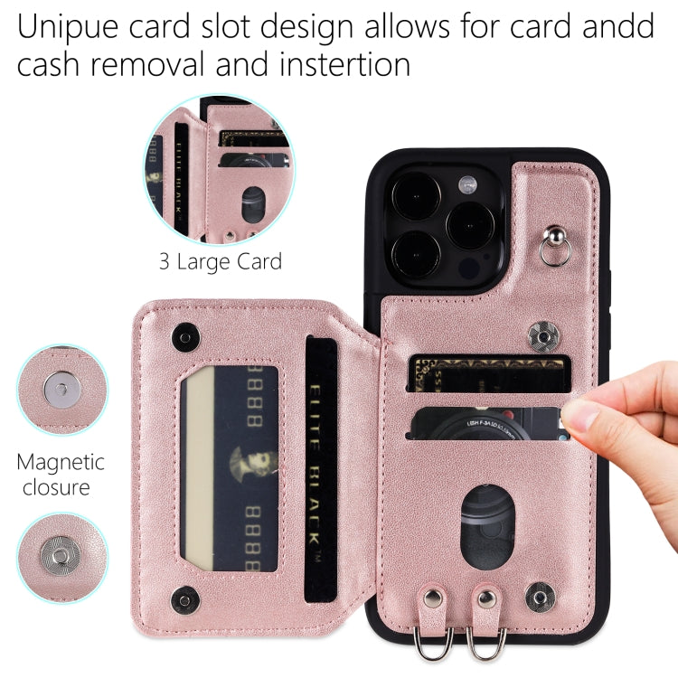 For iPhone 15 Pro Grid Texture Card Bag Phone Case with Lanyard(Rose Gold) - HoMEdemic™ 