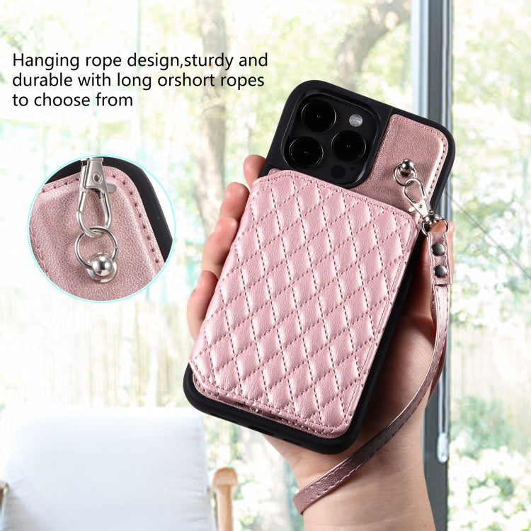 For iPhone 15 Pro Grid Texture Card Bag Phone Case with Lanyard(Rose Gold) - HoMEdemic™ 