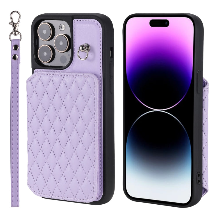 For iPhone 15 Pro Grid Texture Card Bag Phone Case with Lanyard(Purple) - HoMEdemic™ 