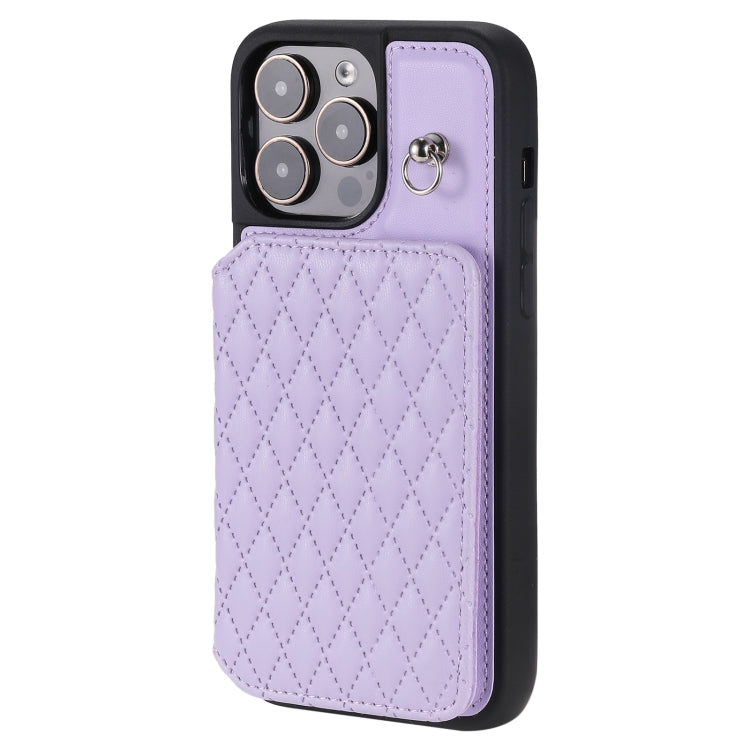 For iPhone 15 Pro Grid Texture Card Bag Phone Case with Lanyard(Purple) - HoMEdemic™ 