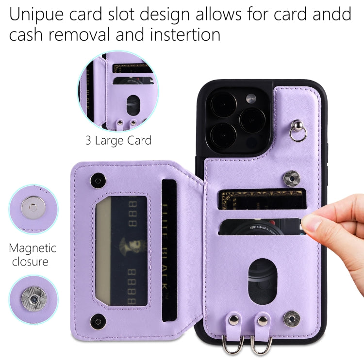 For iPhone 15 Pro Grid Texture Card Bag Phone Case with Lanyard(Purple) - HoMEdemic™ 