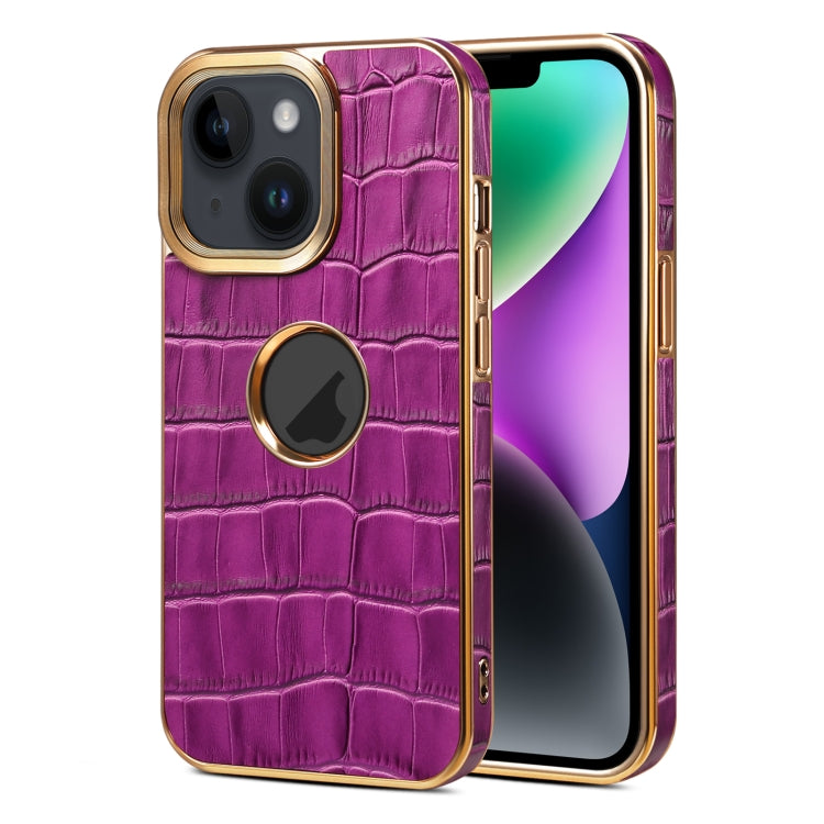 For iPhone 15 Plus Denior Crocodile Texture Genuine Leather Electroplating Phone Case(Purple) - HoMEdemic™ 