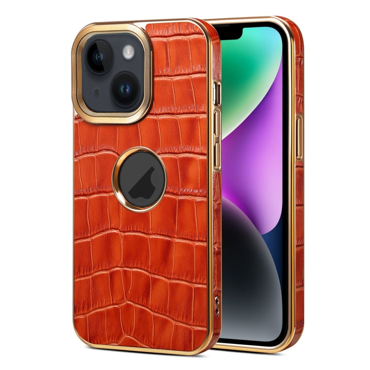 For iPhone 15 Denior Crocodile Texture Genuine Leather Electroplating Phone Case(Mocha Brown) - HoMEdemic™ 