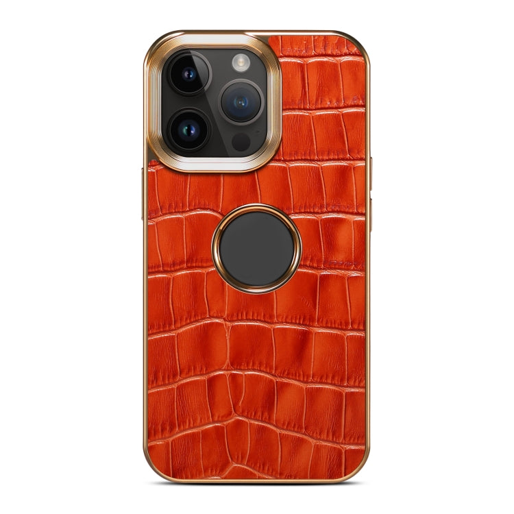 For iPhone 15 Denior Crocodile Texture Genuine Leather Electroplating Phone Case(Mocha Brown) - HoMEdemic™ 
