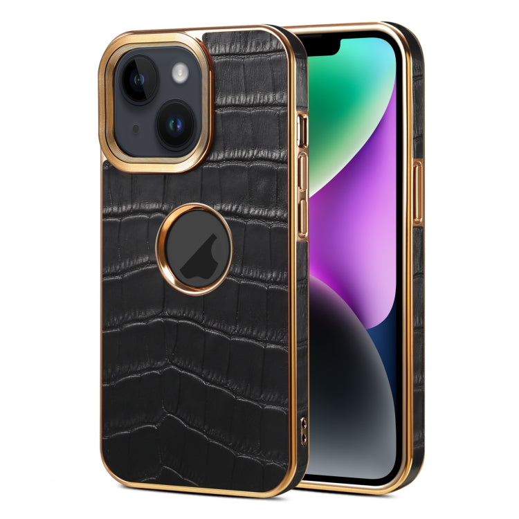 For iPhone 15 Denior Crocodile Texture Genuine Leather Electroplating Phone Case(Black) - HoMEdemic™ 