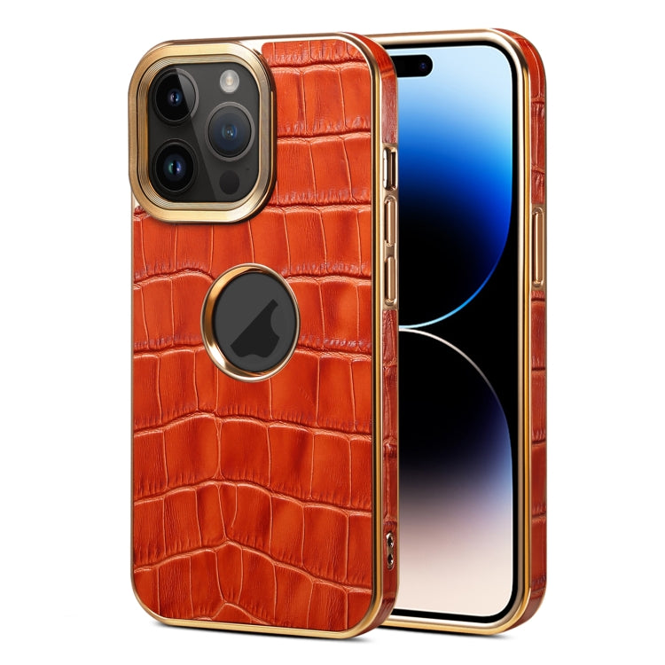 For iPhone 14 Pro Denior Crocodile Texture Genuine Leather Electroplating Phone Case(Mocha Brown) - HoMEdemic™ 