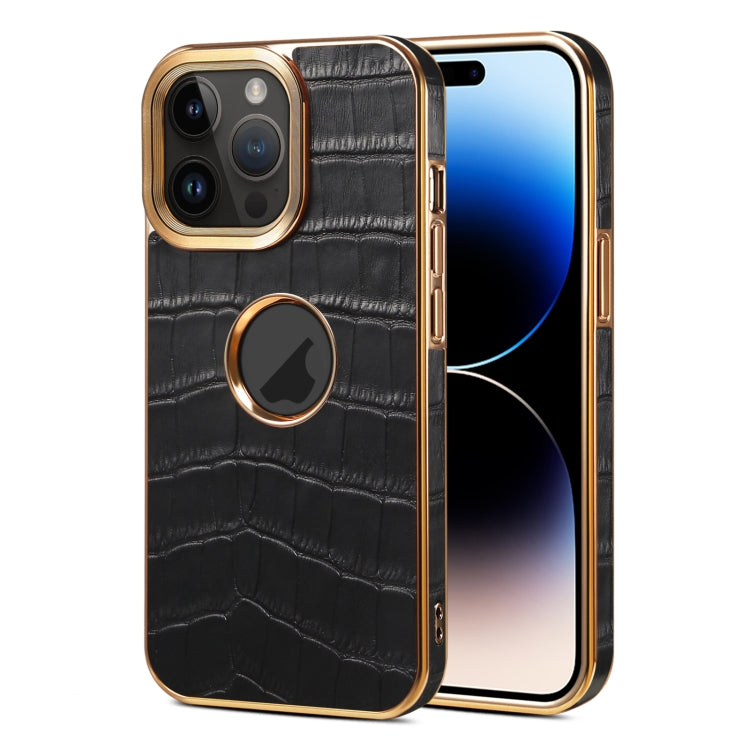 For iPhone 14 Pro Denior Crocodile Texture Genuine Leather Electroplating Phone Case(Black) - HoMEdemic™ 