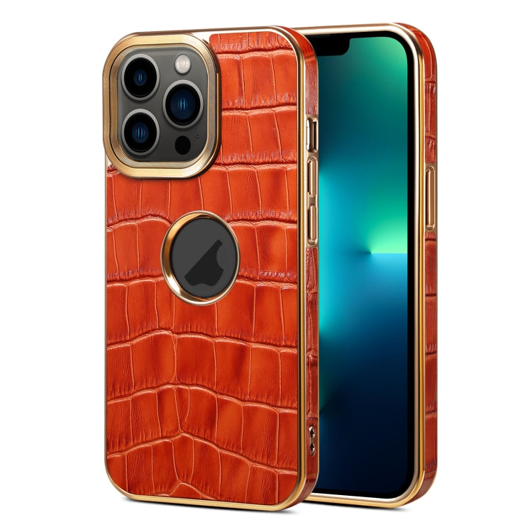 For iPhone 13 Pro Max Denior Crocodile Texture Genuine Leather Electroplating Phone Case(Mocha Brown) - HoMEdemic™ 