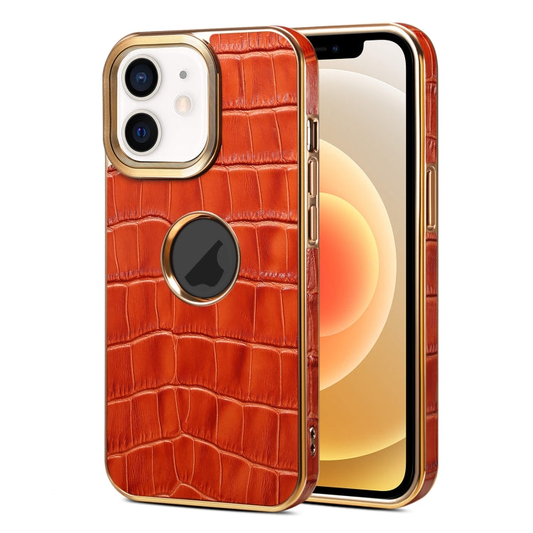 For iPhone 12 / 12 Pro Denior Crocodile Texture Genuine Leather Electroplating Phone Case(Mocha Brown) - HoMEdemic™ 