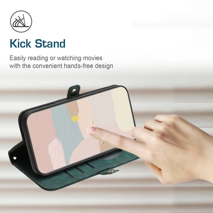 For iPhone 15 Pro Max Side Buckle Double Fold Hand Strap Leather Phone Case(Dark Green) - HoMEdemic™ 