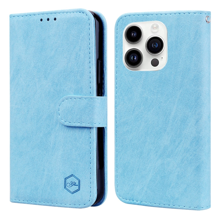 For iPhone 15 Pro Skin Feeling Oil Leather Texture PU + TPU Phone Case(Light Blue) - HoMEdemic™ 