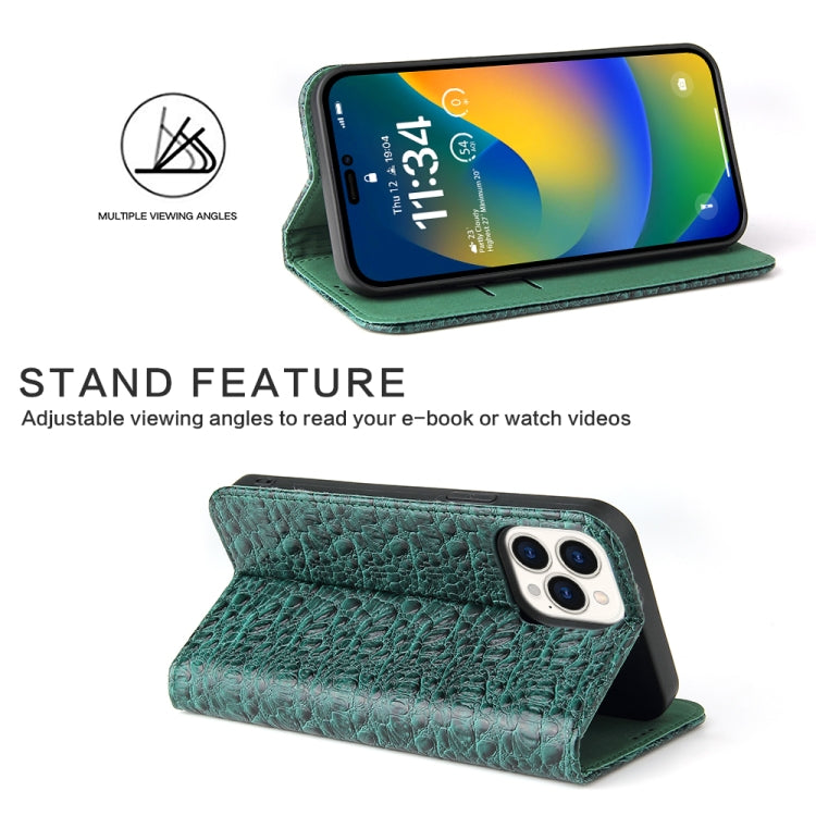 For iPhone 14 Pro Fierre Shann Crocodile Texture Magnetic Genuine Leather Phone Case(Green) - HoMEdemic™ 