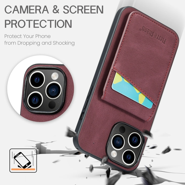 For iPhone 15 Pro Fierre Shann Crazy Horse Card Holder Back Cover PU Phone Case(Wine Red) - HoMEdemic™ 