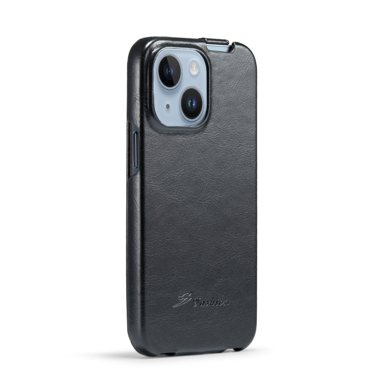 For iPhone 15 Plus Fierre Shann Oil Wax Texture Vertical Flip PU Phone Case(Black) - HoMEdemic™ 