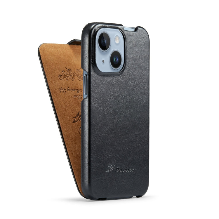 For iPhone 15 Plus Fierre Shann Oil Wax Texture Vertical Flip PU Phone Case(Black) - HoMEdemic™ 