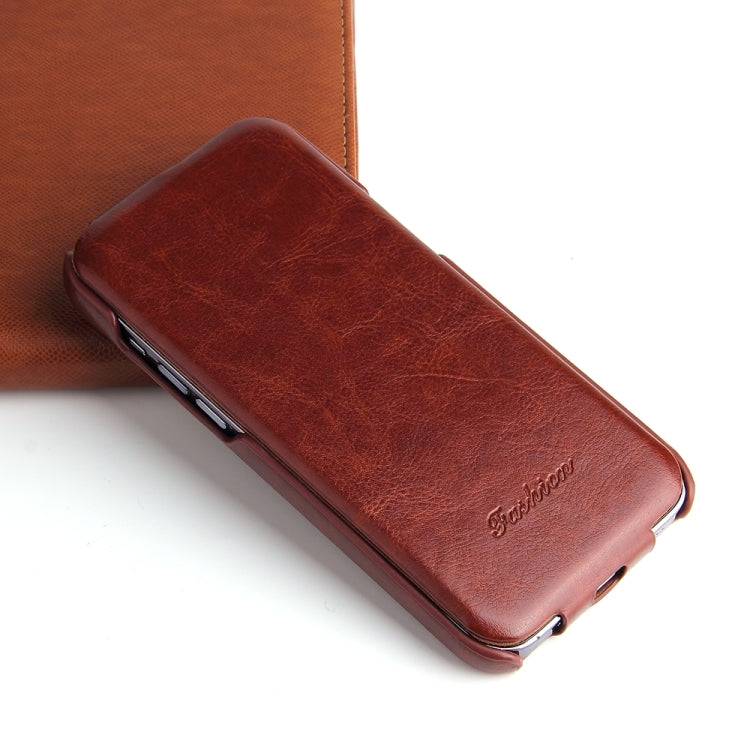 For iPhone 15 Fierre Shann Oil Wax Texture Vertical Flip PU Phone Case(Brown) - HoMEdemic™ 