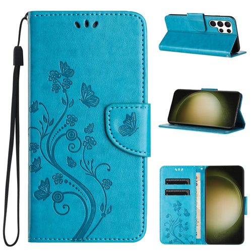 For Samsung Galaxy S24 Ultra 5G Butterfly Flower Pattern Flip Leather Phone Case(Blue) - HoMEdemic™ 