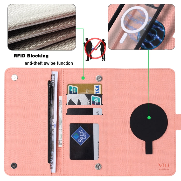 For iPhone 14 Plus ViLi GHB Series MagSafe Magnetic Zipper Leather Phone Case(Pink) - HoMEdemic™ 