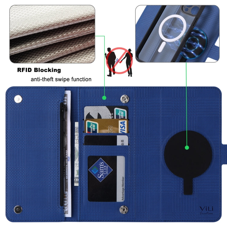 For iPhone 14 Plus ViLi GHB Series MagSafe Magnetic Zipper Leather Phone Case(Blue) - HoMEdemic™ 