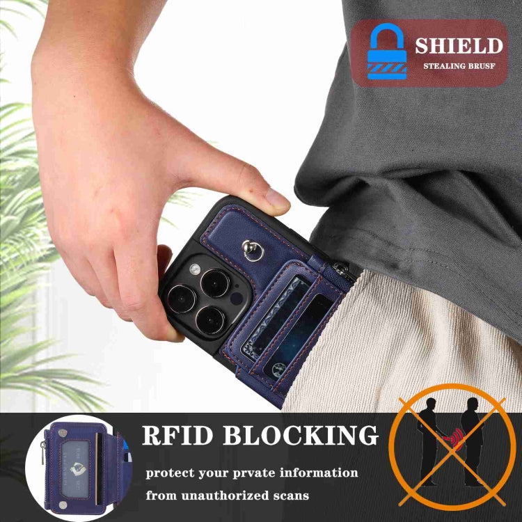 For iPhone 15 Pro Zipper Card Slots RFID Phone Case(Blue) - HoMEdemic™ 