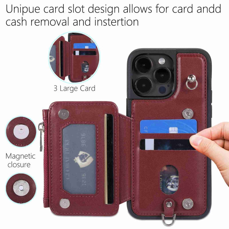 For iPhone 15 Pro Max Zipper Card Slots RFID Phone Case(Wine Red) - HoMEdemic™ 