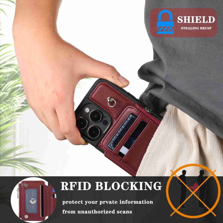 For iPhone 15 Pro Max Zipper Card Slots RFID Phone Case(Wine Red) - HoMEdemic™ 