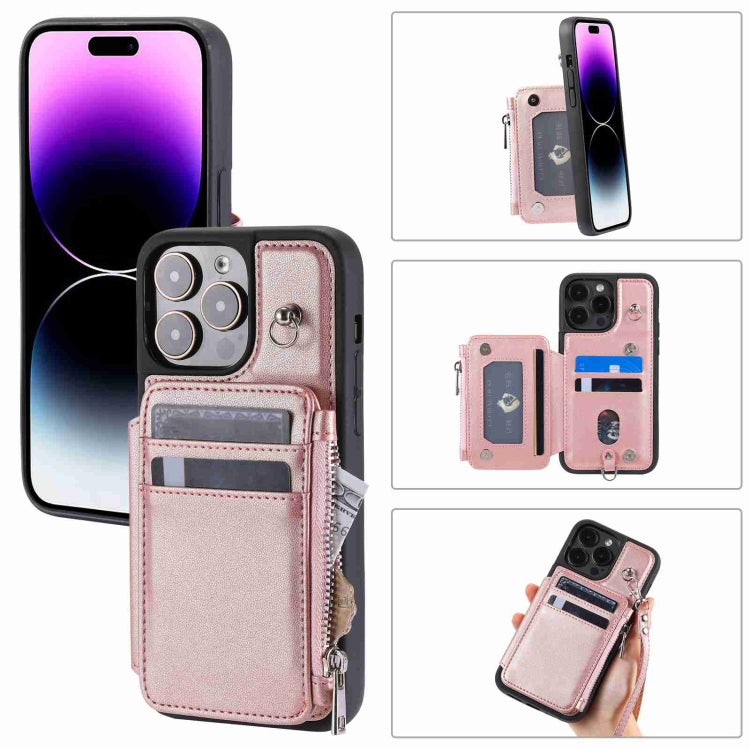 For iPhone 15 Pro Max Zipper Card Slots RFID Phone Case(Rose Gold) - HoMEdemic™ 