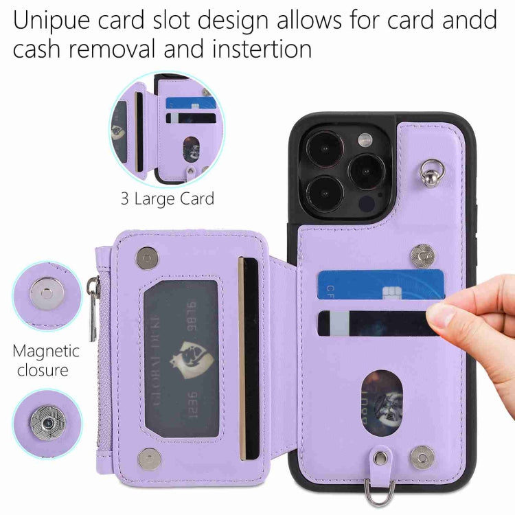 For iPhone 15 Pro Max Zipper Card Slots RFID Phone Case(Purple) - HoMEdemic™ 