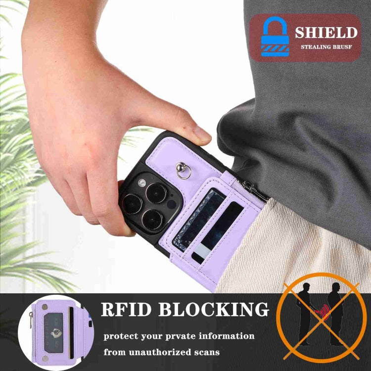 For iPhone 15 Pro Max Zipper Card Slots RFID Phone Case(Purple) - HoMEdemic™ 