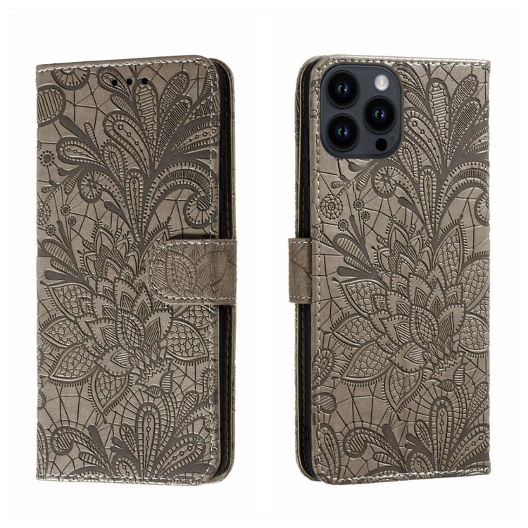 For iPhone 15 Pro Max Lace Flower Embossing Flip Leather Phone Case(Grey) - HoMEdemic™ 