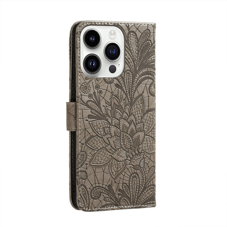 For iPhone 15 Pro Max Lace Flower Embossing Flip Leather Phone Case(Grey) - HoMEdemic™ 