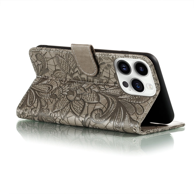 For iPhone 15 Pro Max Lace Flower Embossing Flip Leather Phone Case(Grey) - HoMEdemic™ 