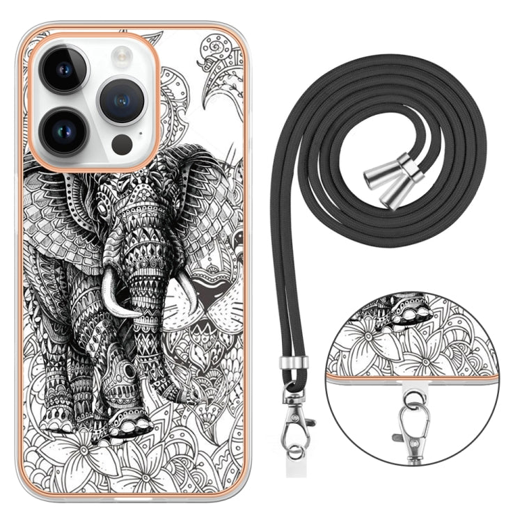 For iPhone 15 Pro Electroplating Dual-side IMD Phone Case with Lanyard(Totem Elephant) - HoMEdemic™ 