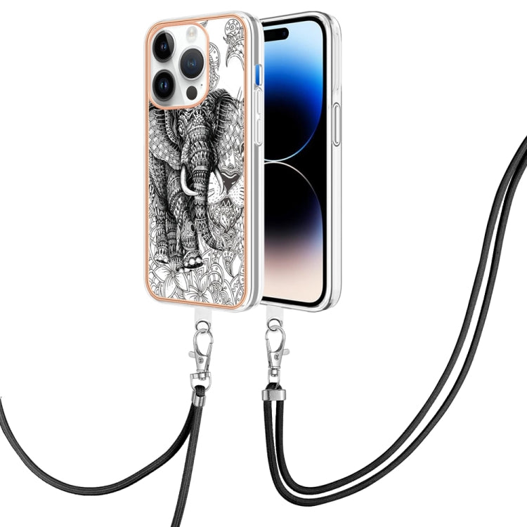 For iPhone 15 Pro Max Electroplating Dual-side IMD Phone Case with Lanyard(Totem Elephant) - HoMEdemic™ 