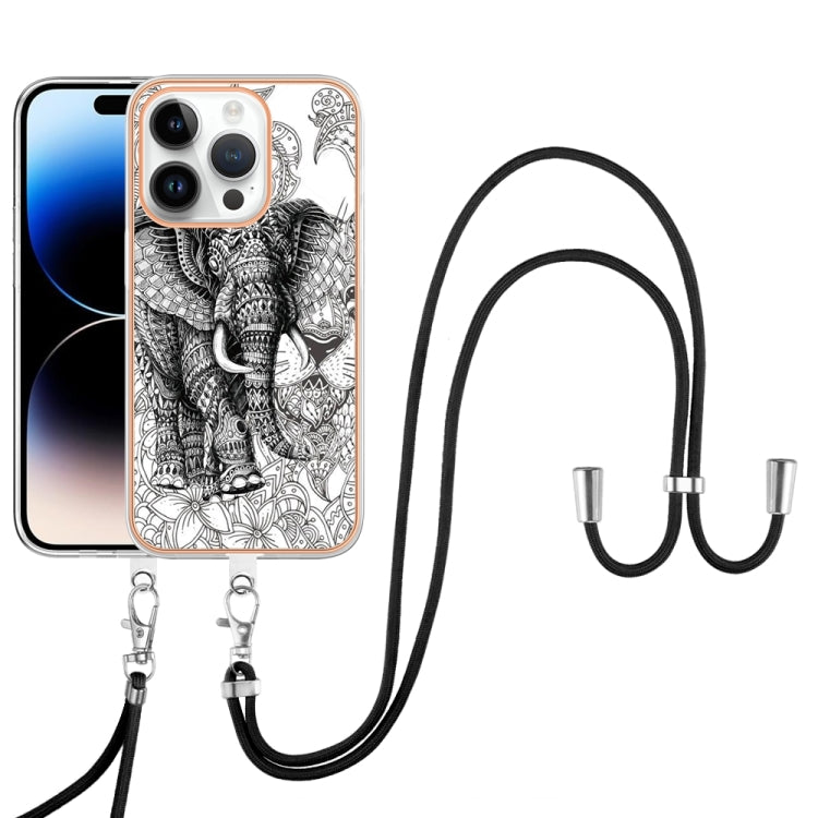 For iPhone 15 Pro Max Electroplating Dual-side IMD Phone Case with Lanyard(Totem Elephant) - HoMEdemic™ 
