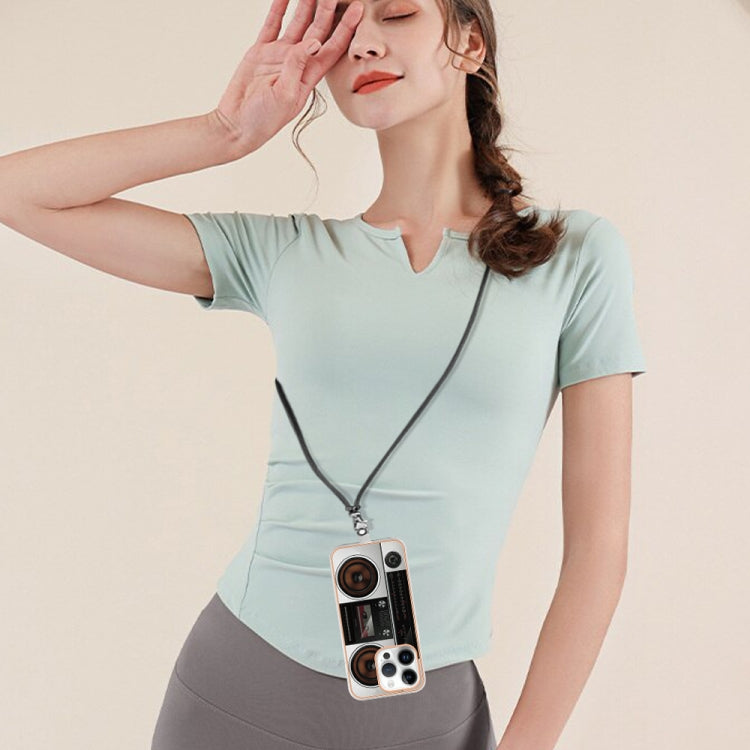 For iPhone 15 Pro Max Electroplating Dual-side IMD Phone Case with Lanyard(Retro Radio) - HoMEdemic™ 