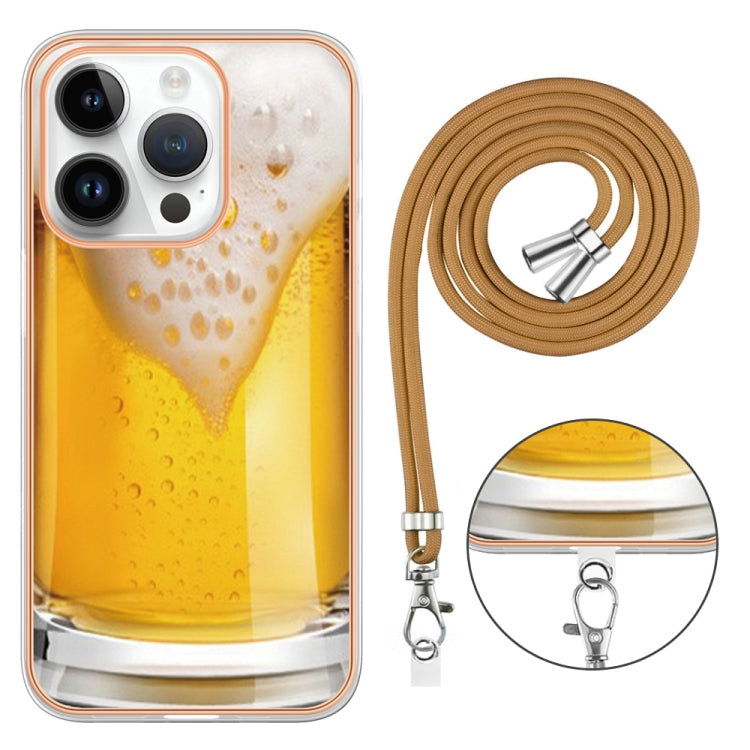 For iPhone 15 Pro Max Electroplating Dual-side IMD Phone Case with Lanyard(Draft Beer) - HoMEdemic™ 
