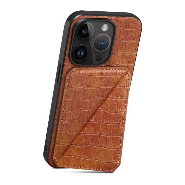 For iPhone 15 Pro Max Imitation Crocodile Leather Back Phone Case with Holder(Brown) - HoMEdemic™ 