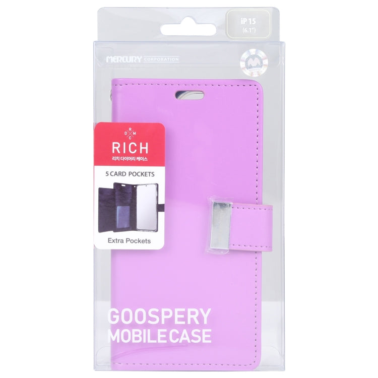 For iPhone 15 GOOSPERY RICH DIARY Crazy Horse Texture Leather Phone Case(Purple) - HoMEdemic™ 