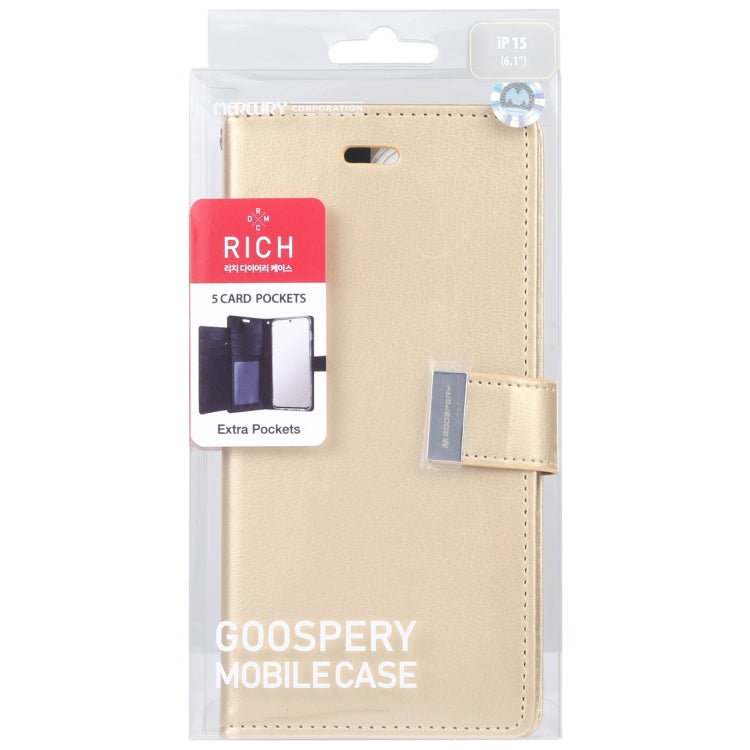 For iPhone 15 Plus GOOSPERY RICH DIARY Crazy Horse Texture Leather Phone Case(Gold) - HoMEdemic™ 