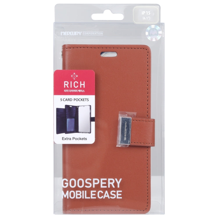 For iPhone 15 Plus GOOSPERY RICH DIARY Crazy Horse Texture Leather Phone Case(Brown) - HoMEdemic™ 