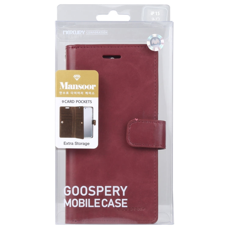 For iPhone 15 GOOSPERY MANSOOR DIARY 9 Card Slots Leather Phone Case(Wine Red) - HoMEdemic™ 