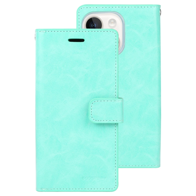 For iPhone 15 Plus GOOSPERY MANSOOR DIARY 9 Card Slots Leather Phone Case(Mint Green) - HoMEdemic™ 