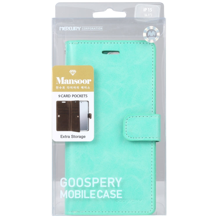 For iPhone 15 Plus GOOSPERY MANSOOR DIARY 9 Card Slots Leather Phone Case(Mint Green) - HoMEdemic™ 