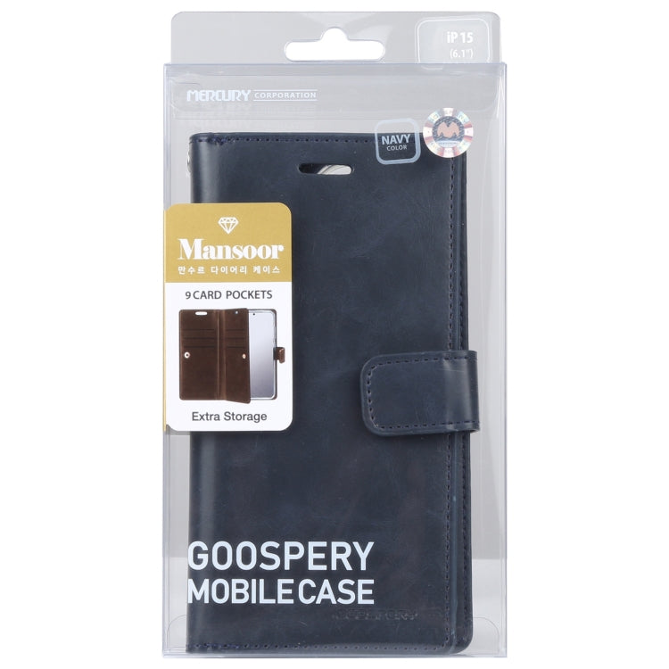 For iPhone 15 Plus GOOSPERY MANSOOR DIARY 9 Card Slots Leather Phone Case(Dark Blue) - HoMEdemic™ 