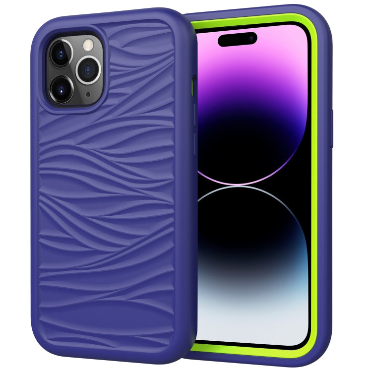 For iPhone 15 Pro Max Wave Pattern 3 in 1 Silicone + PC Phone Case(Navy+Olivine) - HoMEdemic™ 