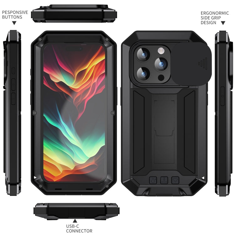 For iPhone 15 Pro R-JUST Sliding Camera IP54 Life Waterproof Holder Phone Case(Black) - HoMEdemic™ 
