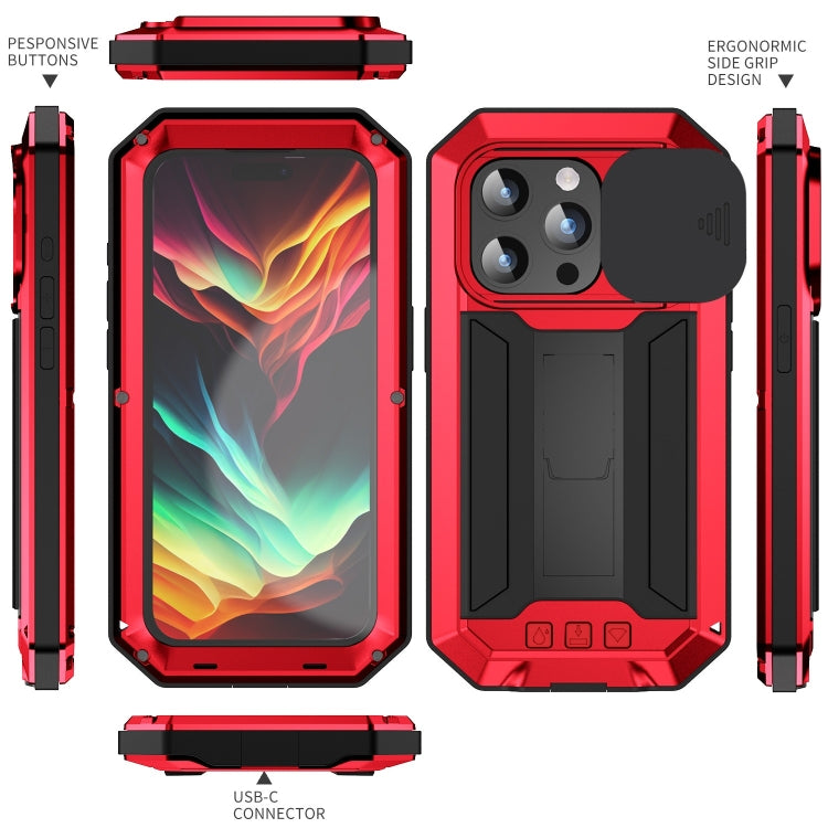 For iPhone 15 Pro R-JUST Sliding Camera IP54 Life Waterproof Holder Phone Case(Red) - HoMEdemic™ 