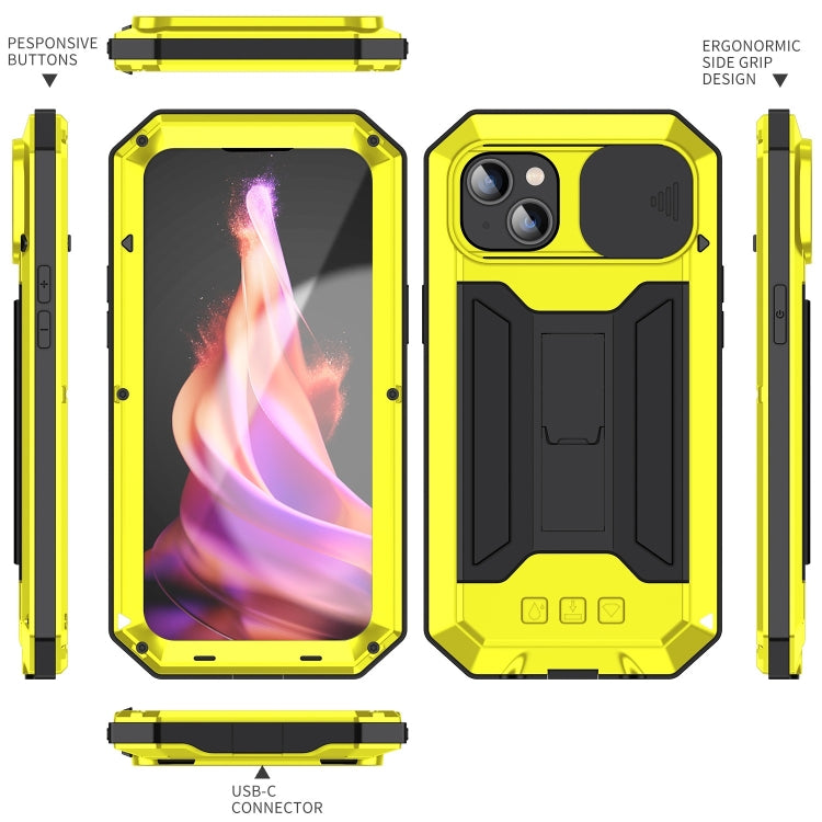 For iPhone 15 R-JUST Sliding Camera IP54 Life Waterproof Holder Phone Case(Yellow) - HoMEdemic™ 