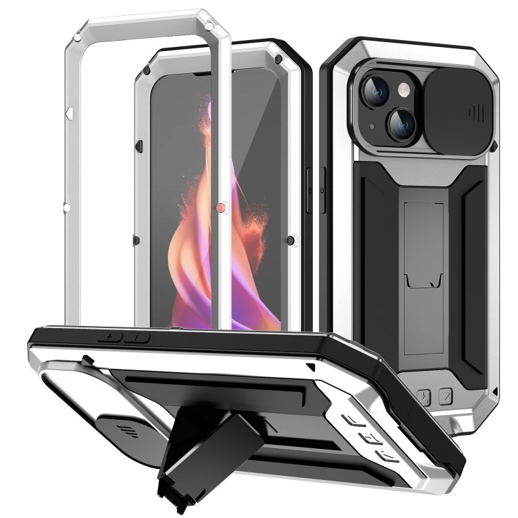 For iPhone 15 R-JUST Sliding Camera IP54 Life Waterproof Holder Phone Case(Silver) - HoMEdemic™ 